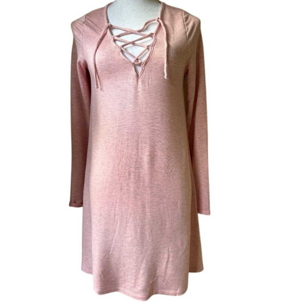 Pastel Pink Jersey Knit Lace Up Beach Cover Up Midi Dress M Summer Slub Stretch - Picture 9 of 9